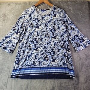 Apt 9 Womens Large Blue White Paisley 3/4 Bell Sleeve Tunic Blouse Top 0259C96